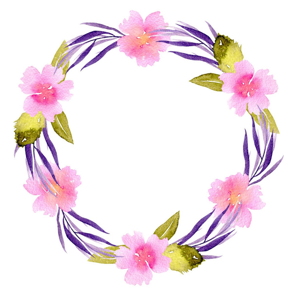 Rama koło, wieniec z różowe kwiaty, fioletowe gałęzi i liści zielony - Zdjęcie, obraz