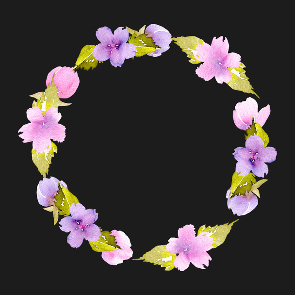 サークル フレーム、ピンクと紫の小さな野の花の花輪 - 写真・画像