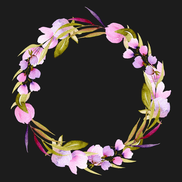 Cirkelframe, krans van roze bloem takjes en groene blaadjes - Foto, afbeelding
