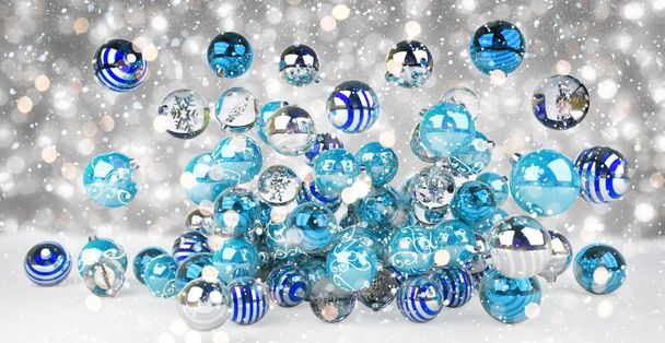 Blue and white christmas baubles 3D rendering - Photo, Image