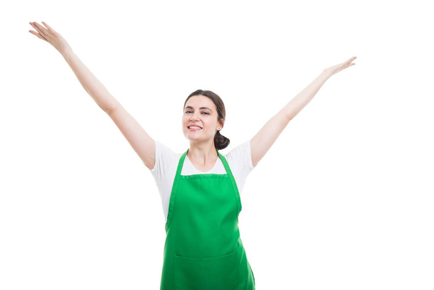 Successful supermarket employee celebrating with arms up - Photo, Image