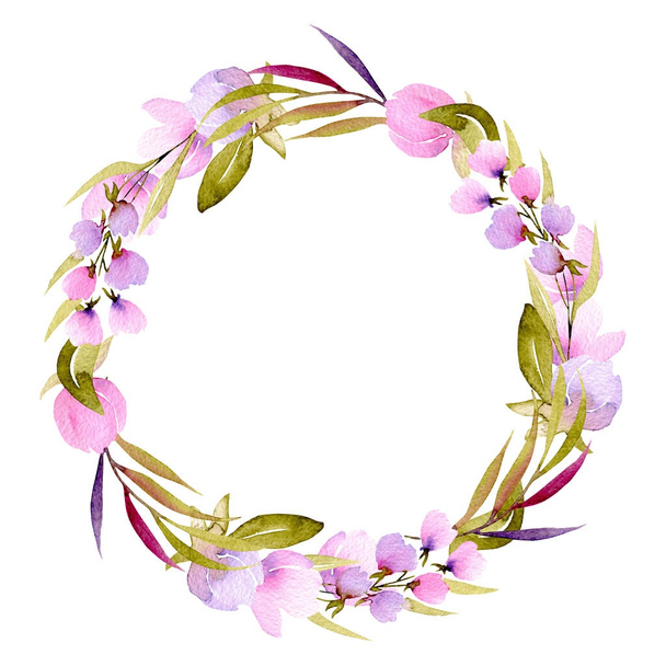 Marco circular, corona de ramas de flores rosadas y hojas verdes
 - Foto, Imagen