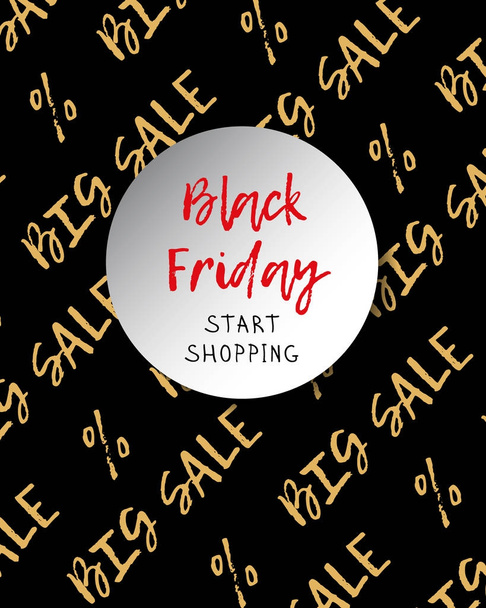 Black Friday is a big sale theme. Gold inscriptions and percentages on a black vertical banner. Raster illustration - 写真・画像