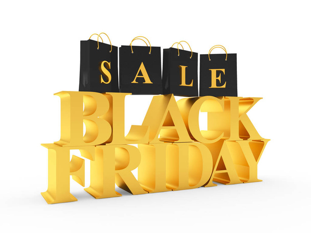 Golden text Black Friday and black shopping bags with word Sale - 写真・画像