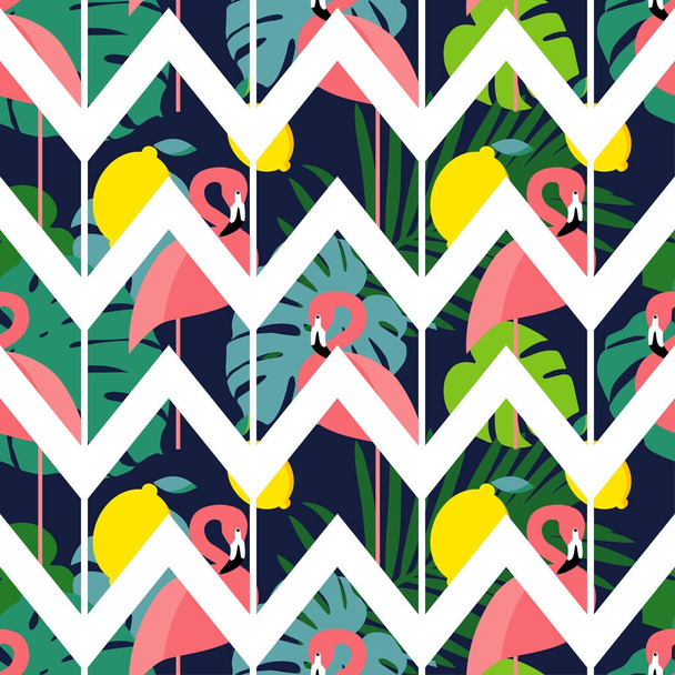 Seamless vector background with pattern of Pink Flamingos. Zigzag texture. Textile rapport. - Vektör, Görsel