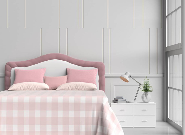 Slaapkamer ingericht met boom in glasvaas roze & oranje kussens, witte houten nachtkastje, tafel licht oranje deken, venster, Lamp, boek, wit witte muur is het patroon, witte vloer. 3D-rendering. - Foto, afbeelding