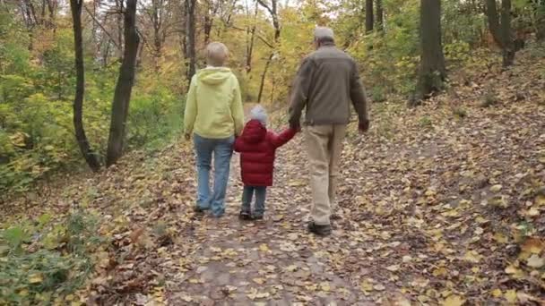 Prarodiče s vnouče v podzimním parku - Záběry, video