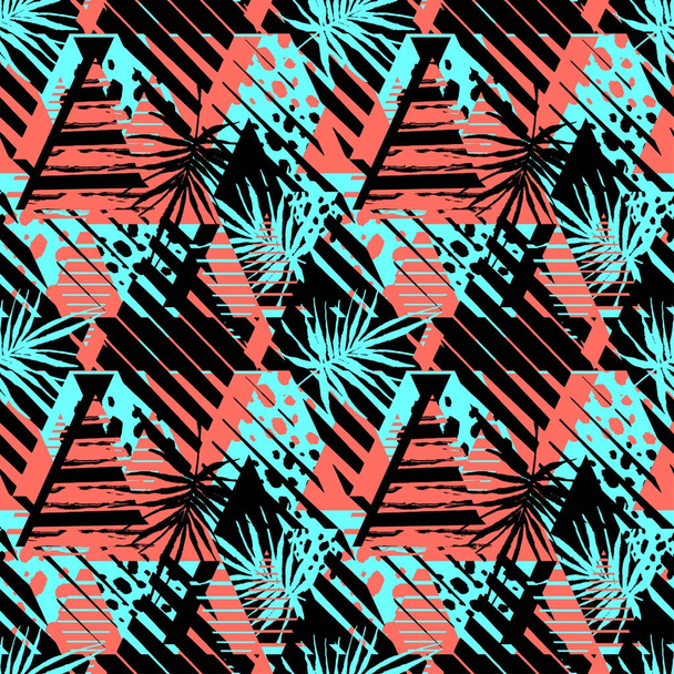 Abstract geometrical seamless rough grunge pattern, palm leaves  - Vector, Imagen