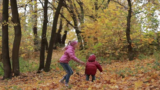 Sourozenci hrát s javorové listy na podzim park - Záběry, video
