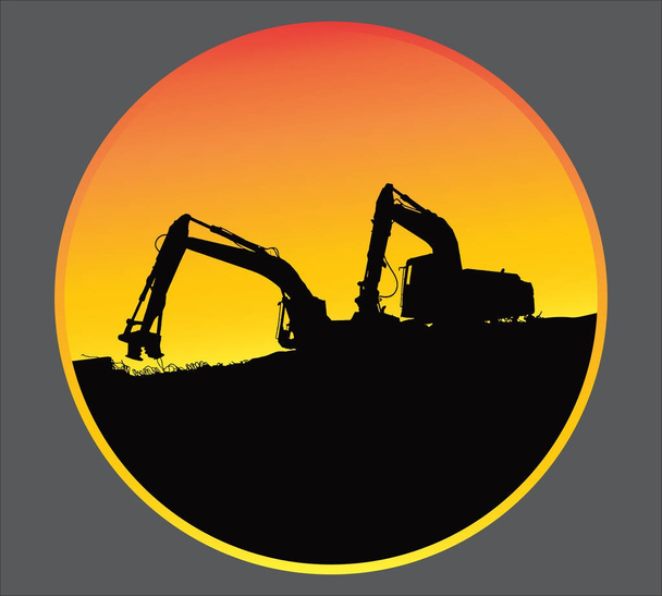 Carregadores de escavadeiras, tratores e trabalhadores escavando no local de construção industrial ilustração de fundo vetorial
 - Vetor, Imagem