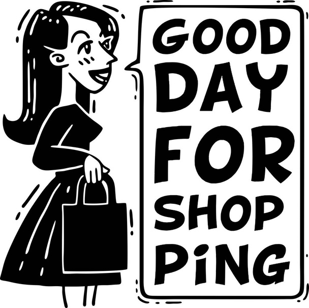 good day for shopping girl in a dress with a bag black and white comics - Vector, Image