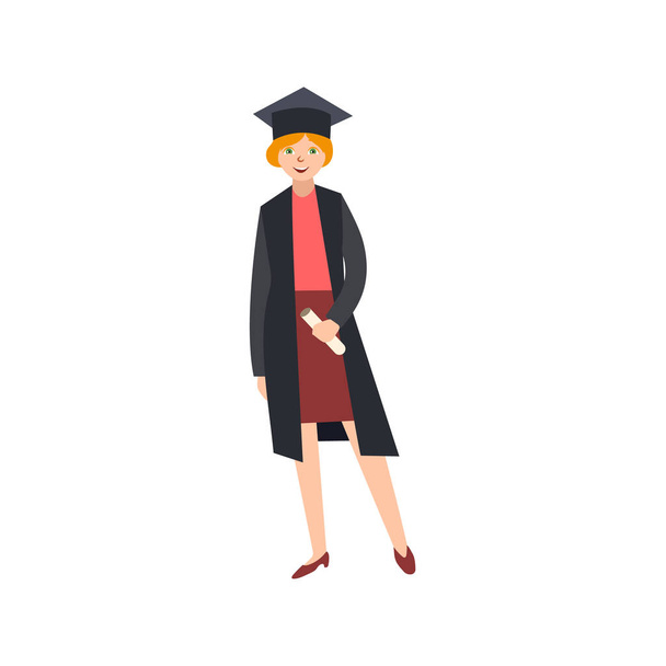 wektor absolwent płaskie dziewczyna w sukni, czapka z daszkiem - Wektor, obraz