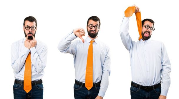 Set of Funny man with glasses making bad signal - Photo, Image