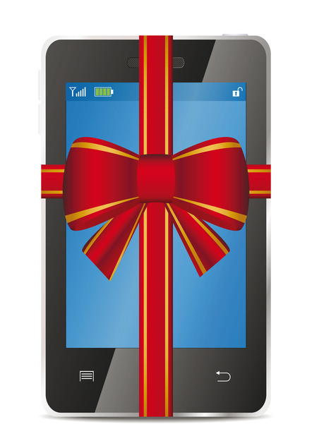 Mobile phone with gift red bow and ribbon - Vector, Image