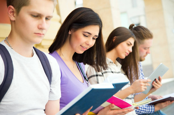 Group of university students studying, reviewing homework in park - Fotó, kép