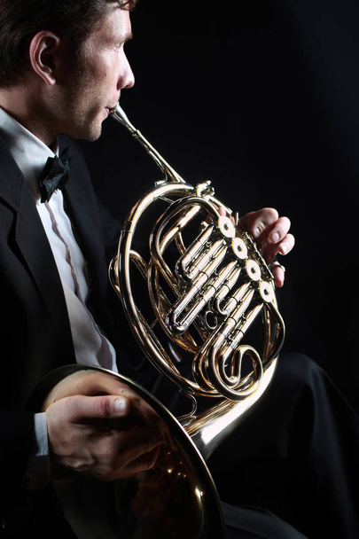 French horn player. Classical musician playing horn - Zdjęcie, obraz
