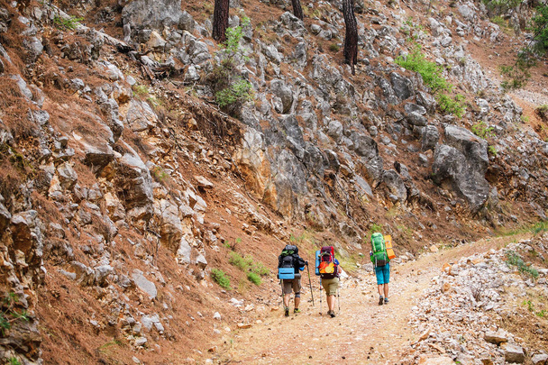 A group of three modern tourists backpackers travels in the summer along the Lycian Way in Turkey - Photo, Image