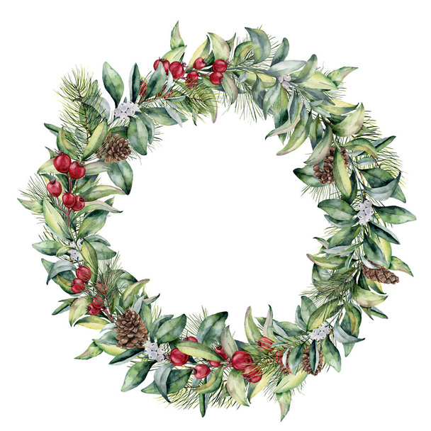 水彩冬花の花輪。手描きの snowberry とモミの葉、枝、赤い果実白い背景に分離された円錐形の松。デザイン、印刷、繊維用のクリスマスのイラスト. - 写真・画像