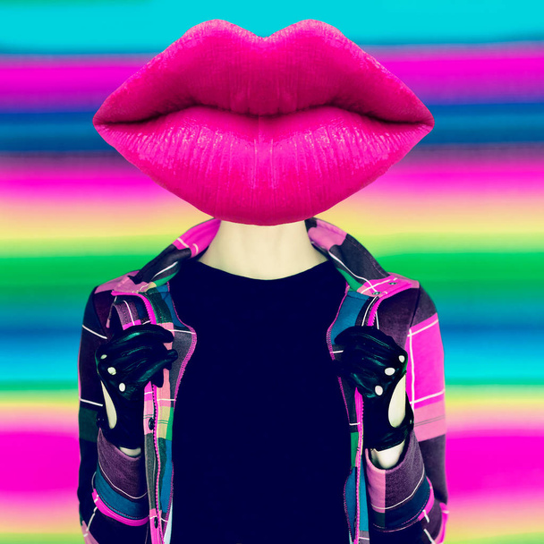 Contemporary art collage. Pink lips head and striped background  - Φωτογραφία, εικόνα