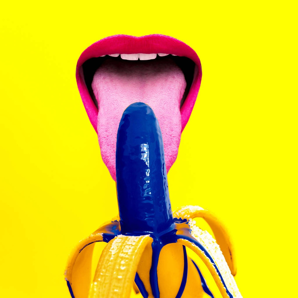 Contemporary art collage. Sex concept. Mouth and banana. - Foto, Imagen