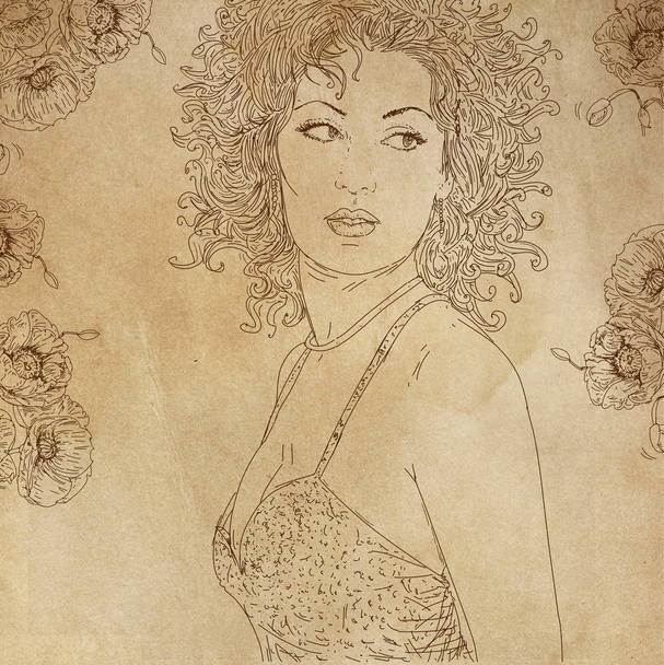 a curly woman with a frame of flowers - Φωτογραφία, εικόνα