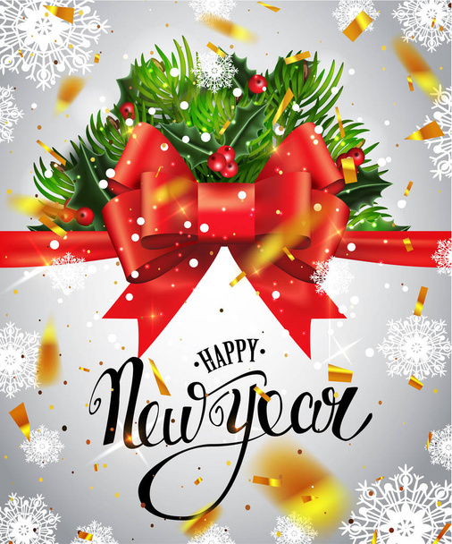 Happy New Year lettering greeting card for holiday. Golden confetti falls. Calligraphy lettering New Year. Vector Illustration EPS10 - Vektor, Bild
