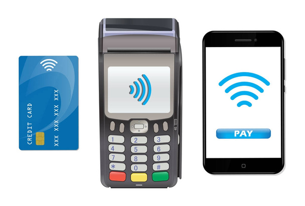 Pos 端末のスマート フォンとクレジット カード。非接触 paymen - ベクター画像