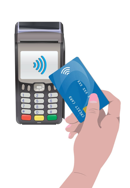 POS Terminal met hand en credit card. Contactloze betalingen - Vector, afbeelding