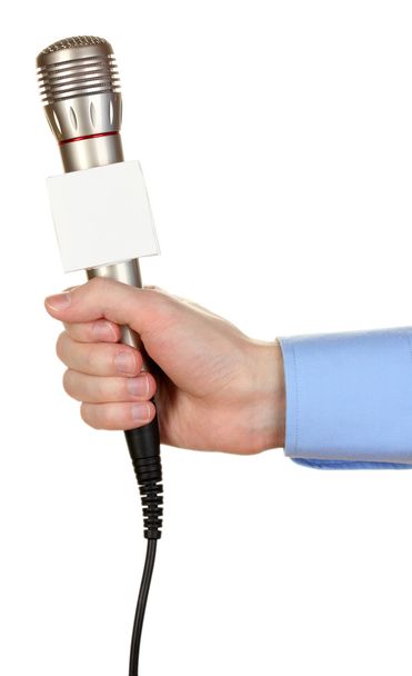 Male hand with microphone isolated on white - Φωτογραφία, εικόνα