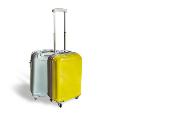 Yellow and gray travel suitcase handle  - Фото, изображение