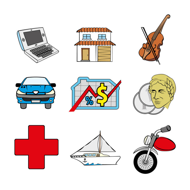 Illustration of icons related to insurance policy for various segments. Ideal for promotional, training and institutional materials - Vector, imagen