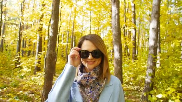 Hermosa mujer de moda en el parque de otoño
 - Metraje, vídeo
