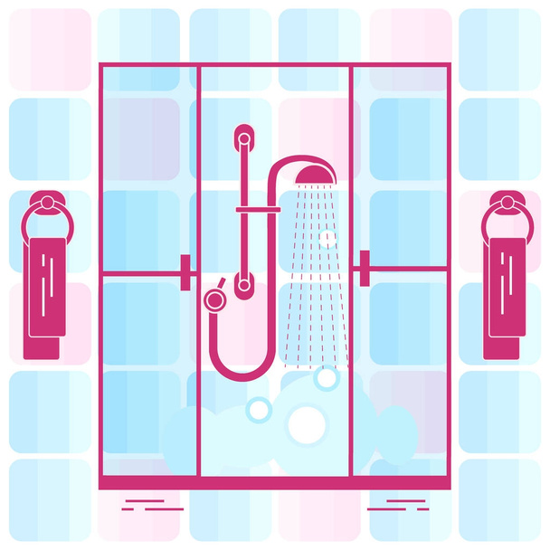 Cute vector illustration of  bathroom: shower cabin, shower, soa - Vetor, Imagem