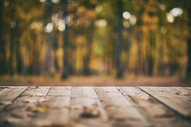 Wooden floor terrace over autumn forest background - Fotó, kép