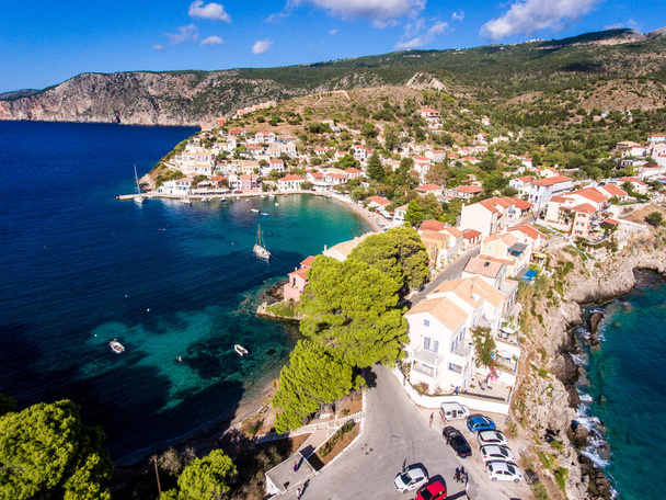 Aerial view over Assos Kefalonia beach with clear blue waters an - Photo, Image