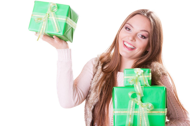 Pretty fashion woman with boxes gifts. Birthday. - Fotó, kép