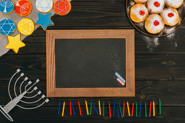 frame, donuts and cookies for hanukkah - Photo, Image