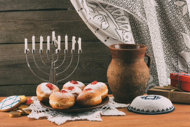 traditional jewish menorah, Kippah and donuts - Photo, Image