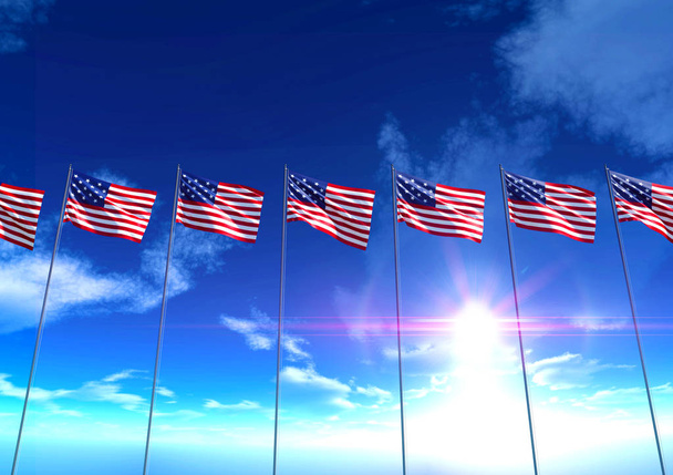 Drapeaux des États-Unis d'Amérique sous le ciel bleu, rendu 3D
 - Photo, image