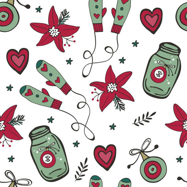 Christmas pattern with mittens, Christmas baubles, poinsettia flowers and hearts - Vektori, kuva