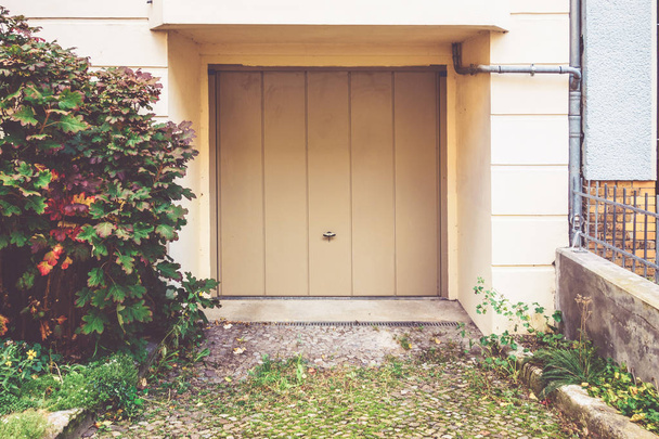 garážová vrata se zeleným keřem - Fotografie, Obrázek