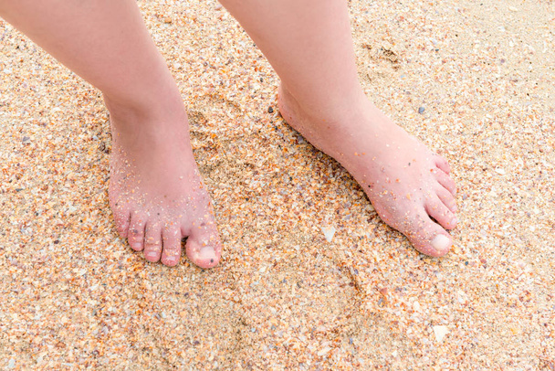kobiece nogi na piasku na plaży widok z góry - Zdjęcie, obraz