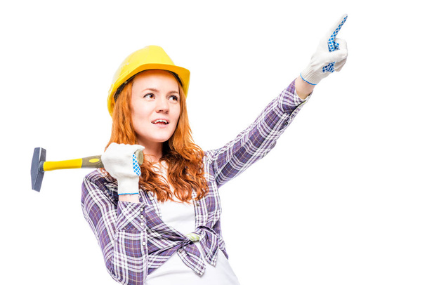 shot of a woman in a carpenter's image on a white background - Photo, Image