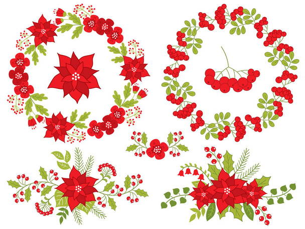 Vector Christmas and New Year Set with Floral Wreath and Bouquet - Wektor, obraz