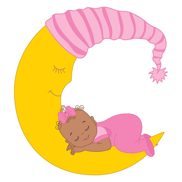 Vector lindo afroamericano bebé niña durmiendo en la luna
 - Vector, Imagen