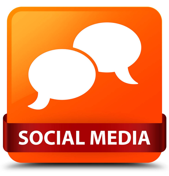 Sosyal Medya (sohbet balonu simgesinin) turuncu kare düğme kırmızı kurdele  - Fotoğraf, Görsel
