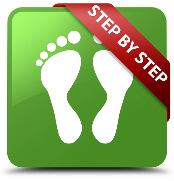 Step by step (footprint icon) soft green square button red ribbo - Fotografie, Obrázek
