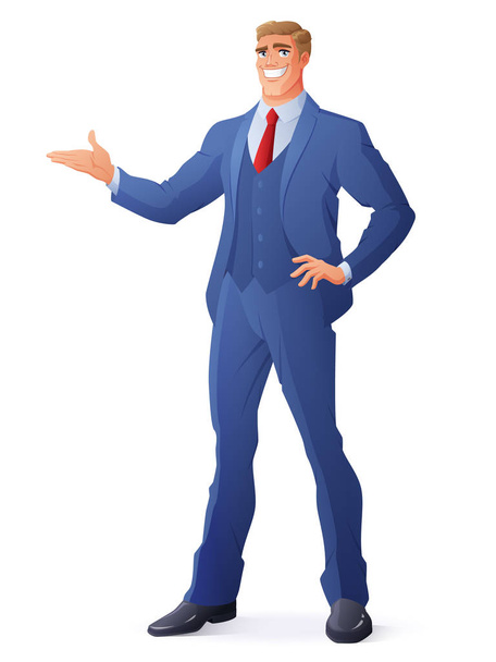Smiling businessman presenting. Isolated vector illustration. - Vector, Image