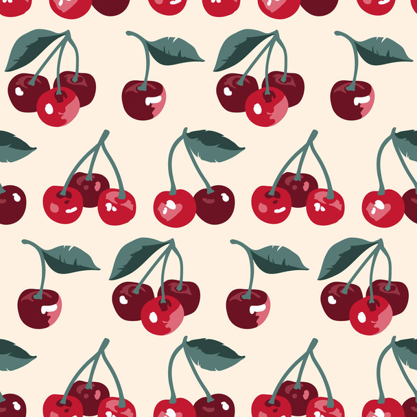 Vector summer pattern with sweet cherries, flowers and leaves. Seamless texture design. - Vector, Image