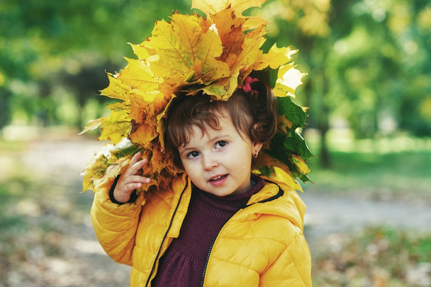portrait of girl with wreath of leaves in autumn Park  - Фото, изображение